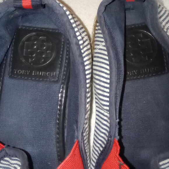 Tory Burch Mon Amour Espadrille Flats Heart Sailor Navy Blue Red Stripe 6M - Picture 4 of 16